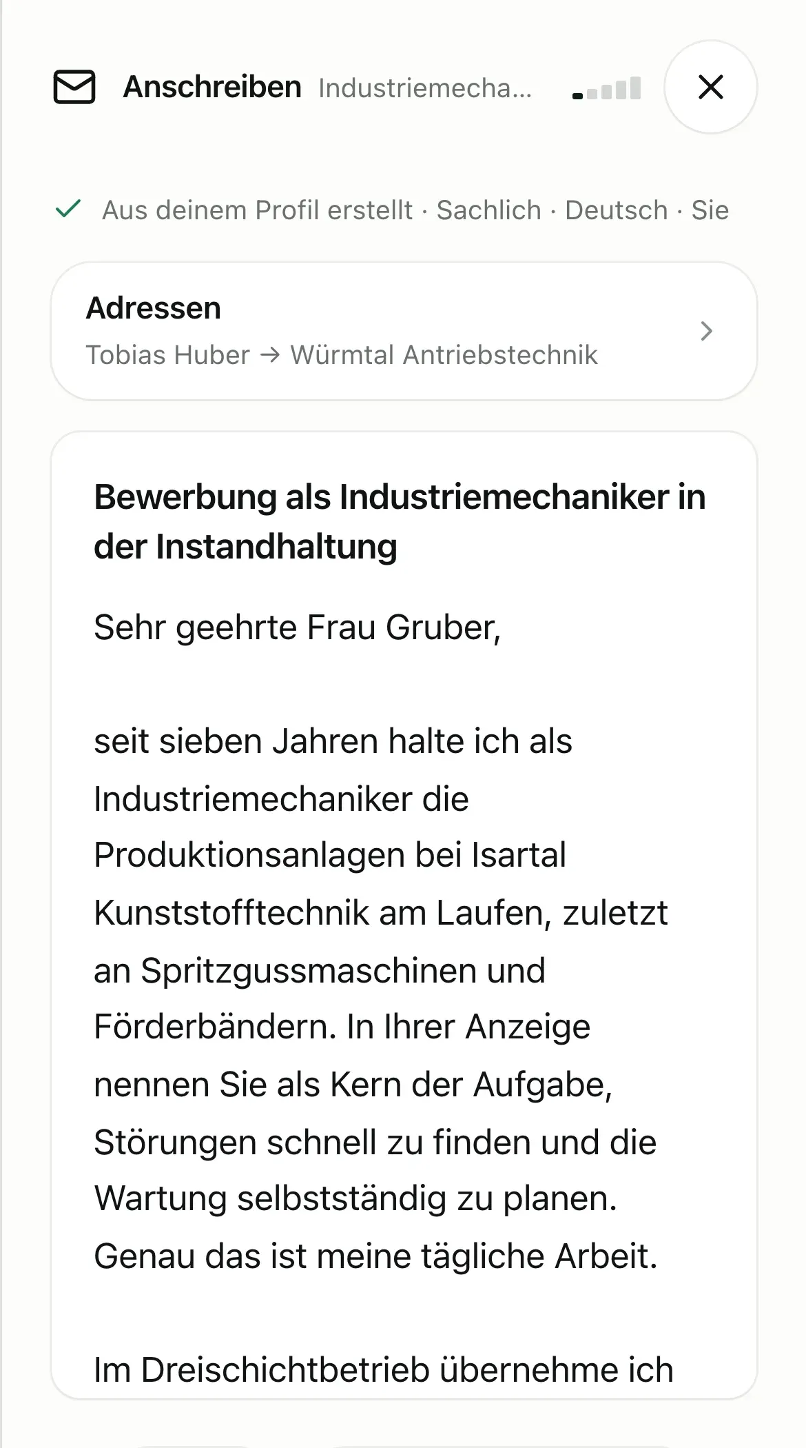 Anschreiben als Industriemechaniker zum Jobangebot.