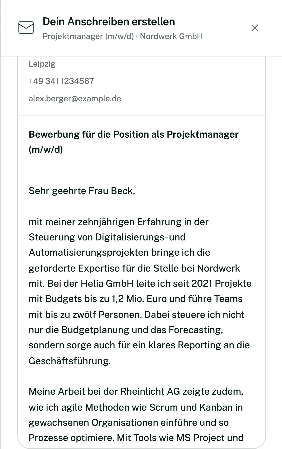 Anschreiben zu einer bestimmten Anzeige, wie in der App.