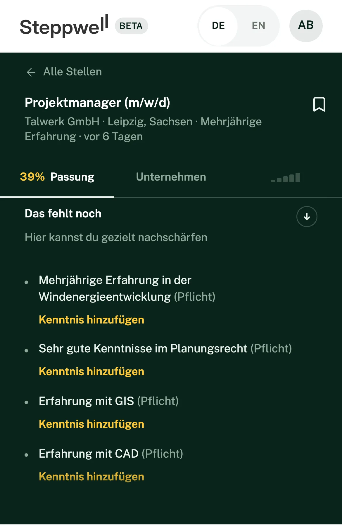 Pflichtanforderungen, die dein Profil noch nicht belegt, wie in der App.