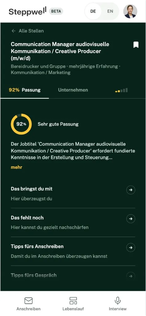 Was du für die neue Stelle mitbringst und was noch fehlt, wie in der App.
