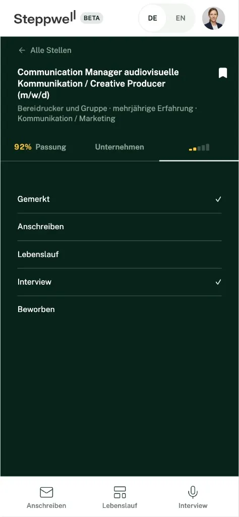 Der Stand deiner Bewerbung, wie in der App.