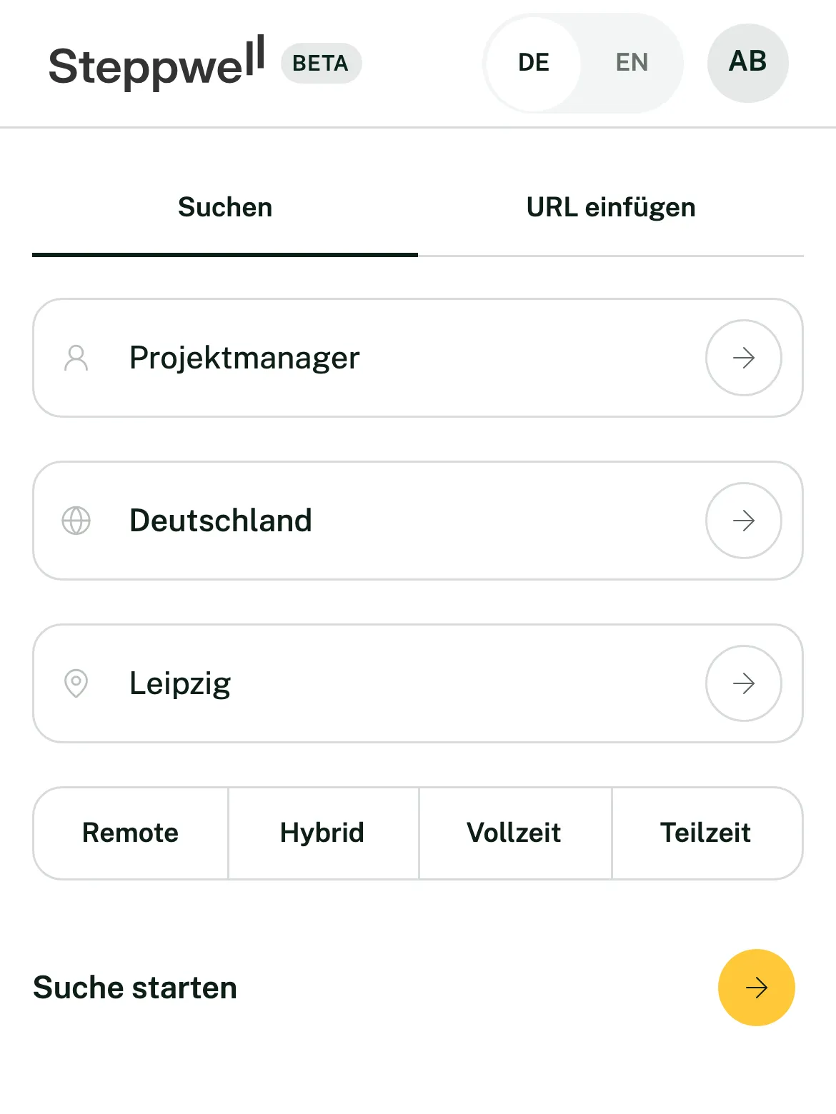 Stellen mit Match-Score, bevor du auf einen Knopf drückst, wie in der App.