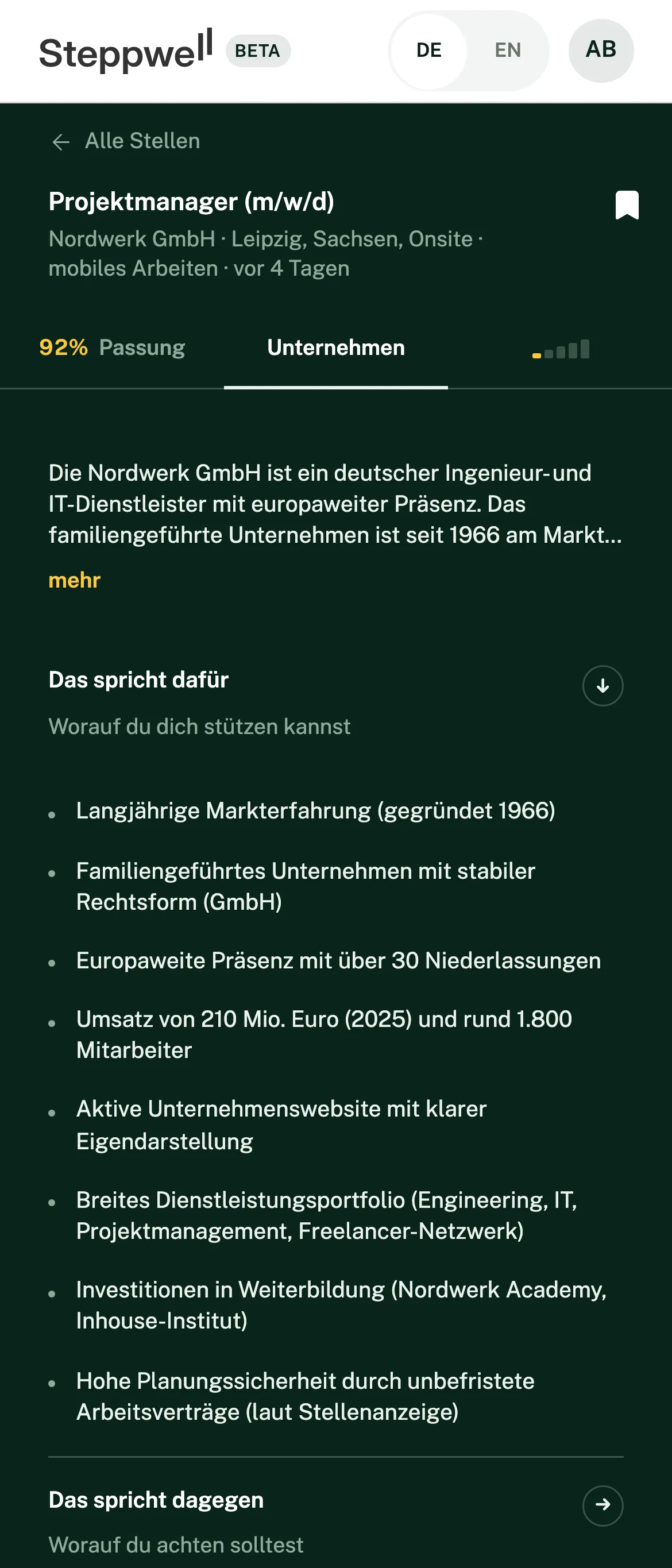 Was für das Unternehmen spricht, wie es in der App steht.