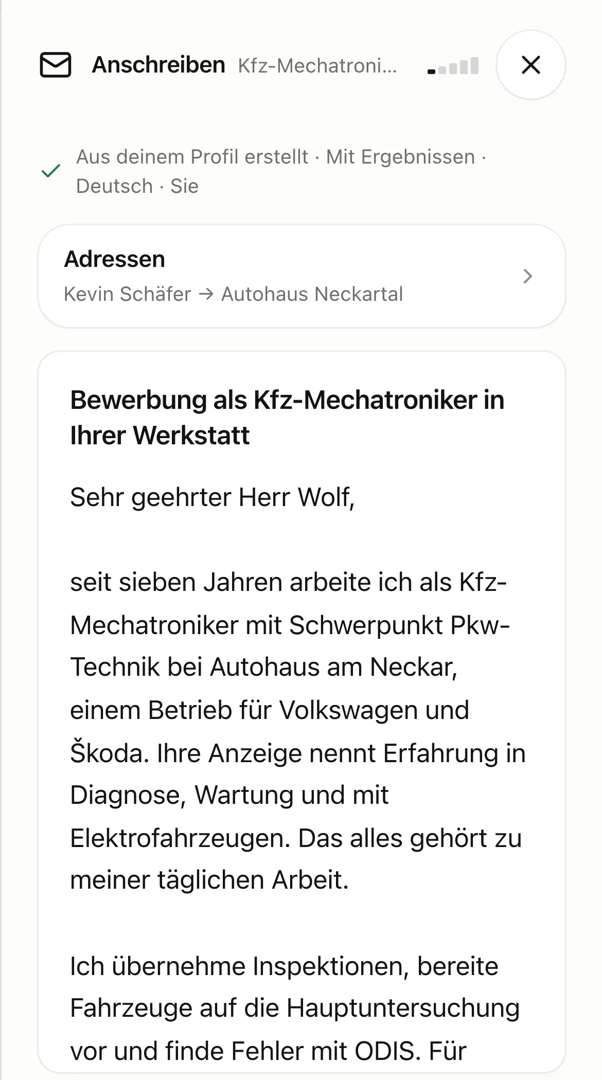 Anschreiben als Kfz-Mechatroniker zum Jobangebot.