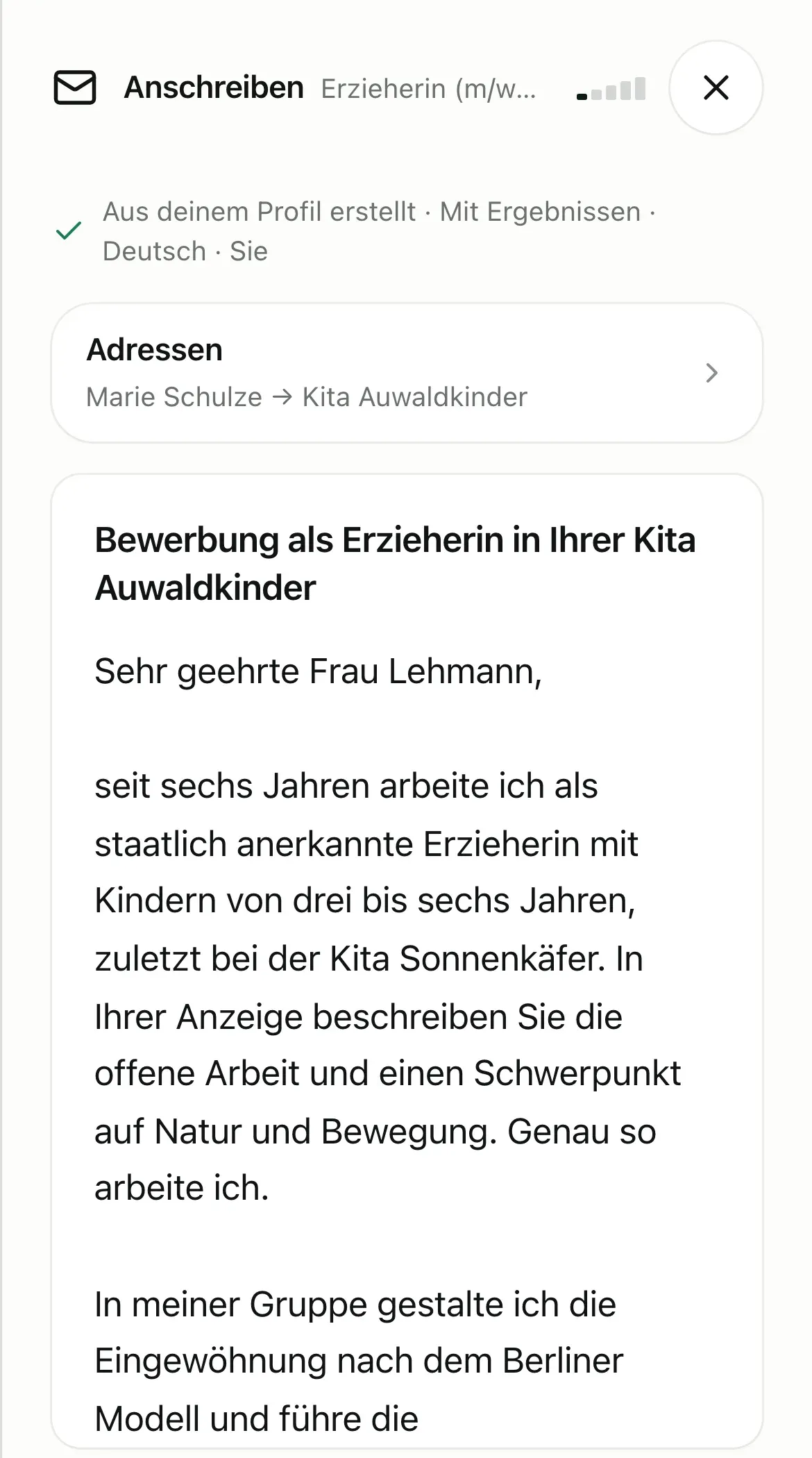Anschreiben als Erzieherin zum Jobangebot.