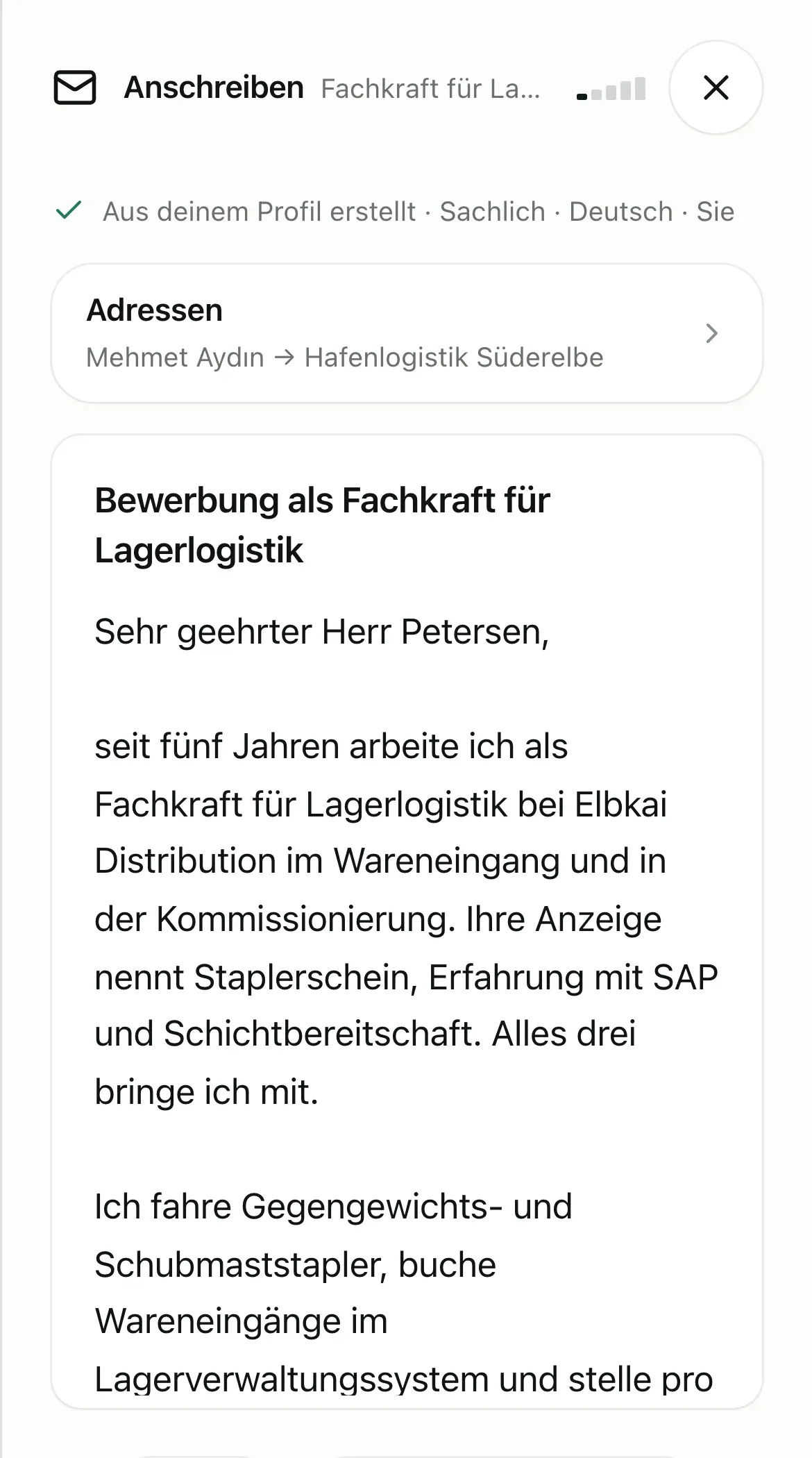 Anschreiben als Fachkraft für Lagerlogistik zum Jobangebot.