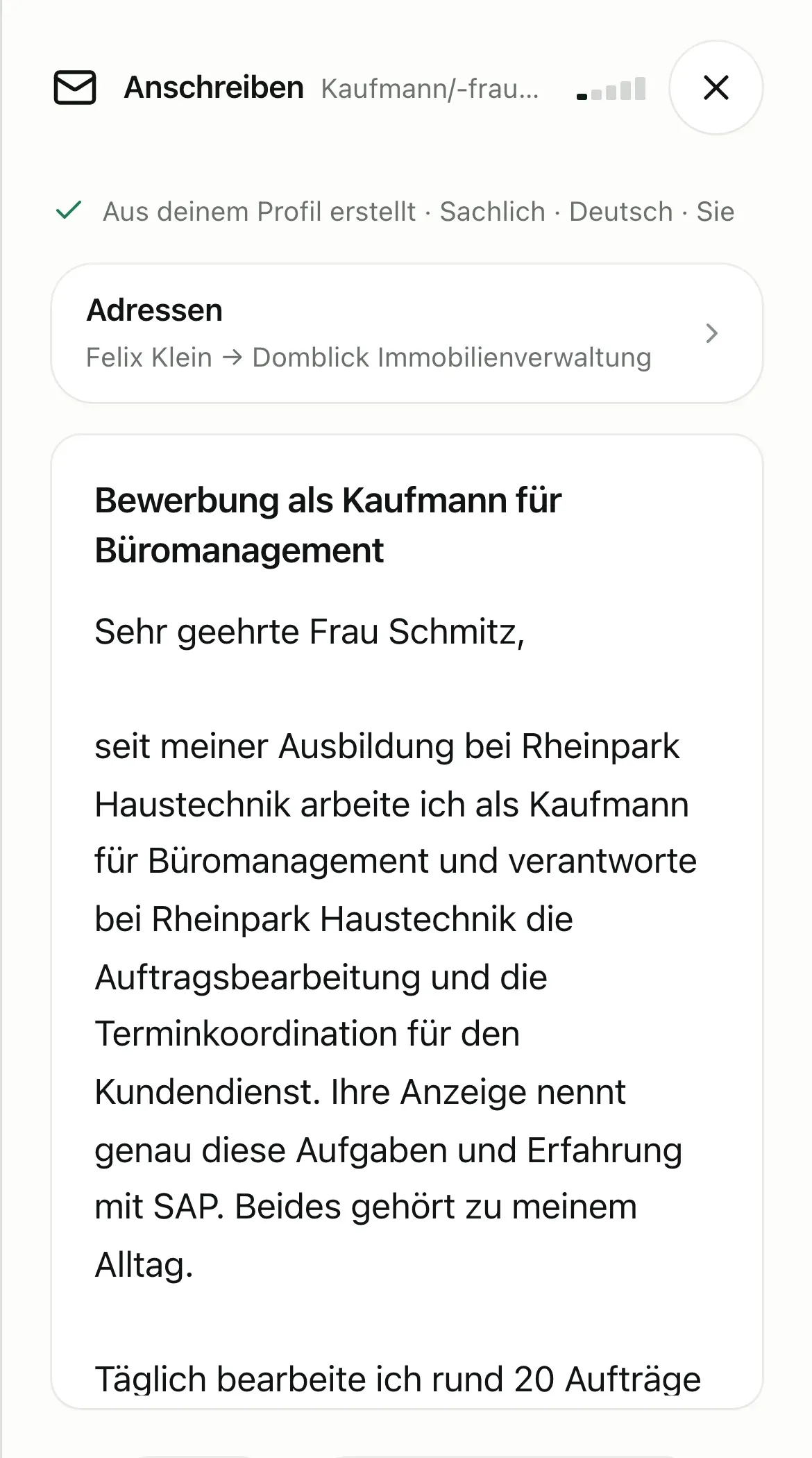 Anschreiben als Kaufmann für Büromanagement zum Jobangebot.