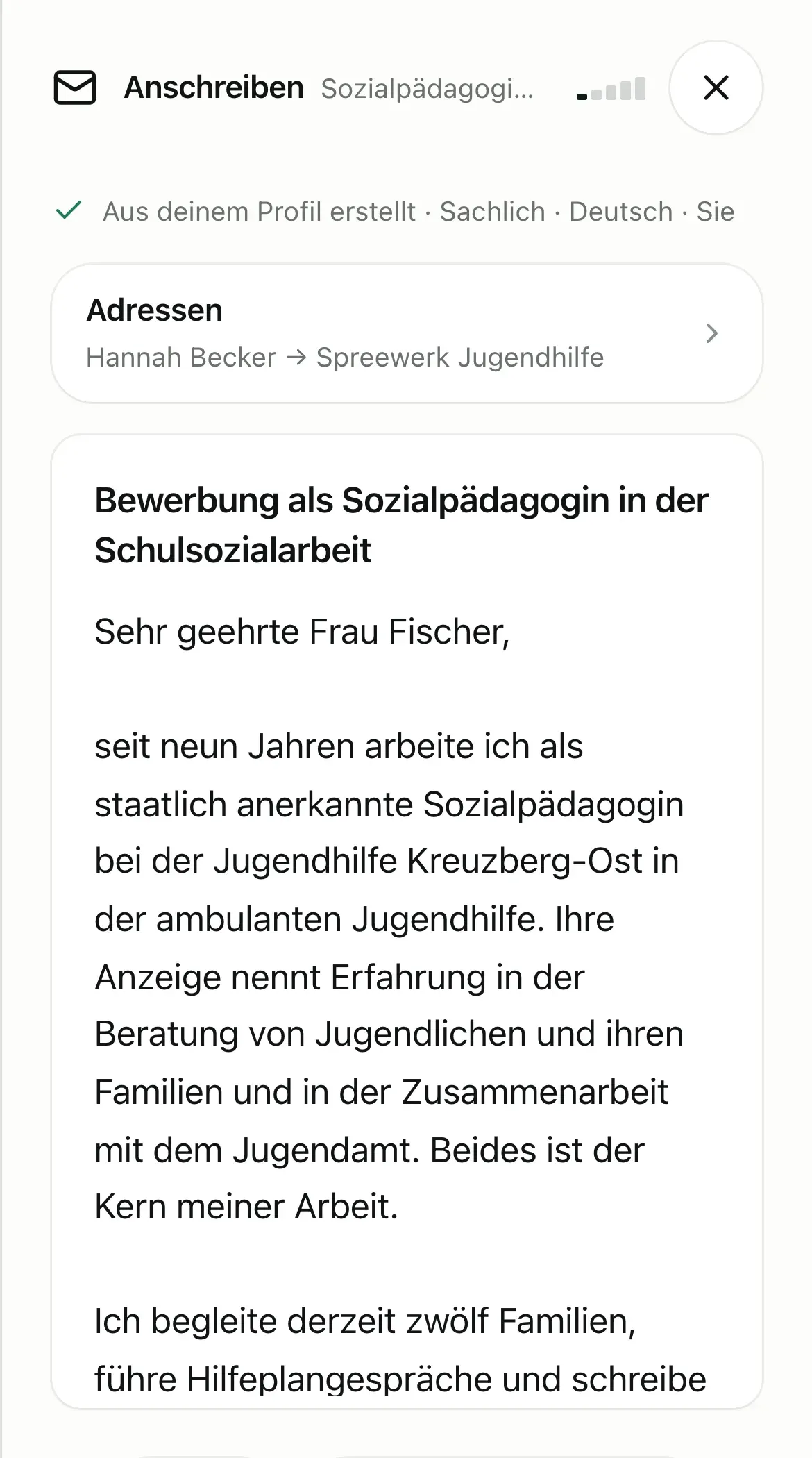 Anschreiben als Sozialpädagogin zum Jobangebot.