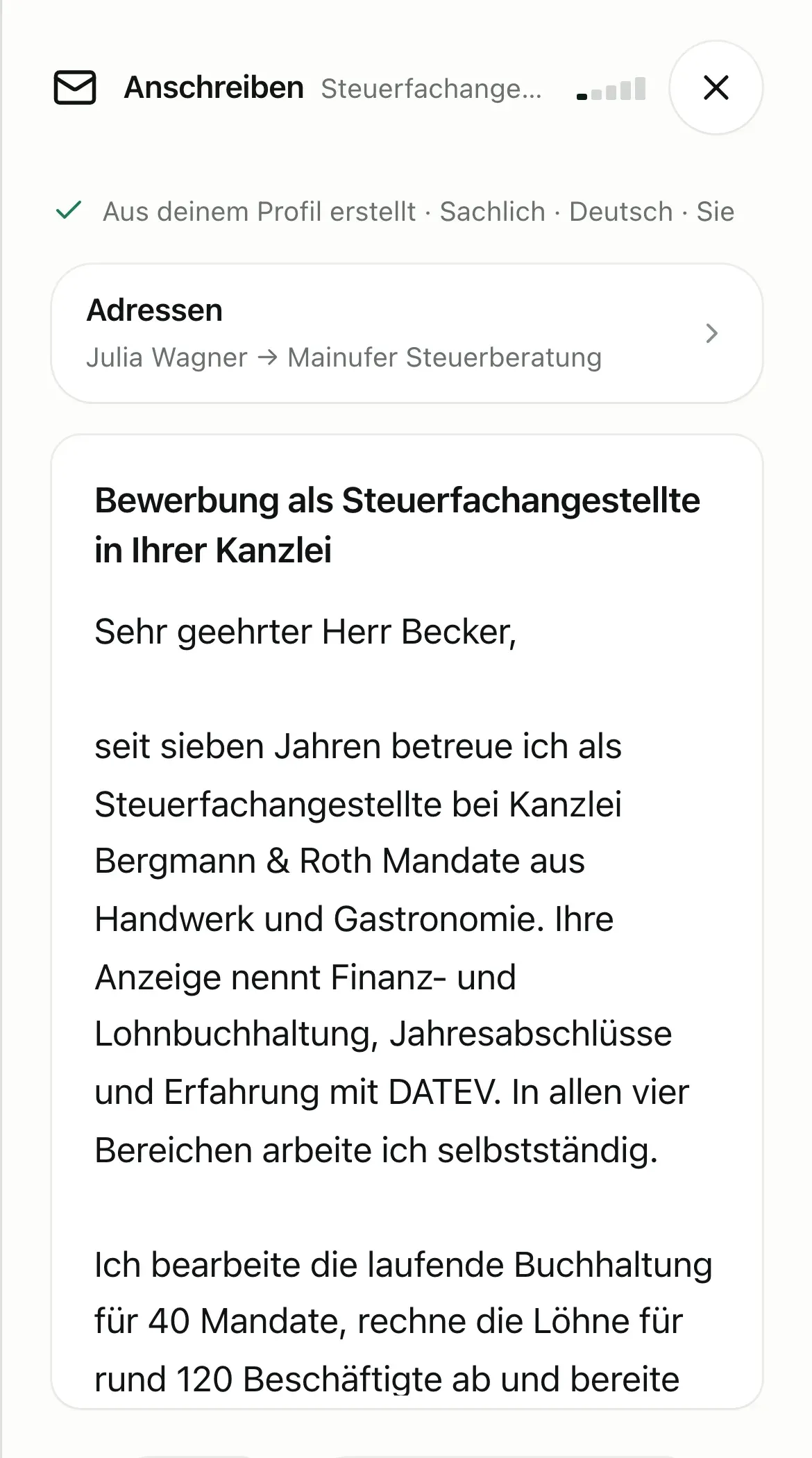 Anschreiben als Steuerfachangestellte zum Jobangebot.