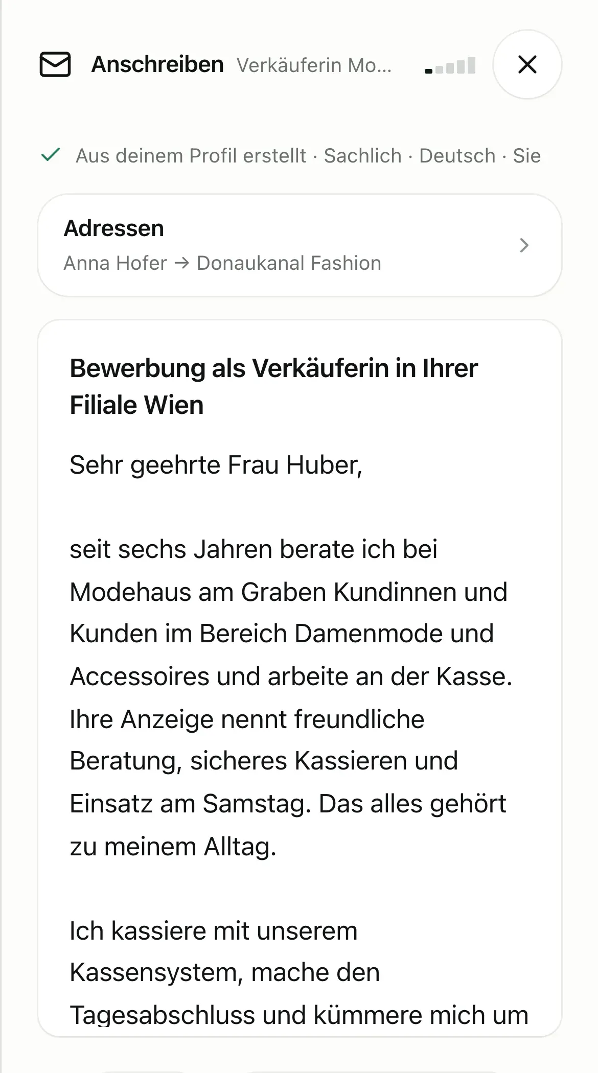 Anschreiben als Verkäuferin zum Jobangebot.