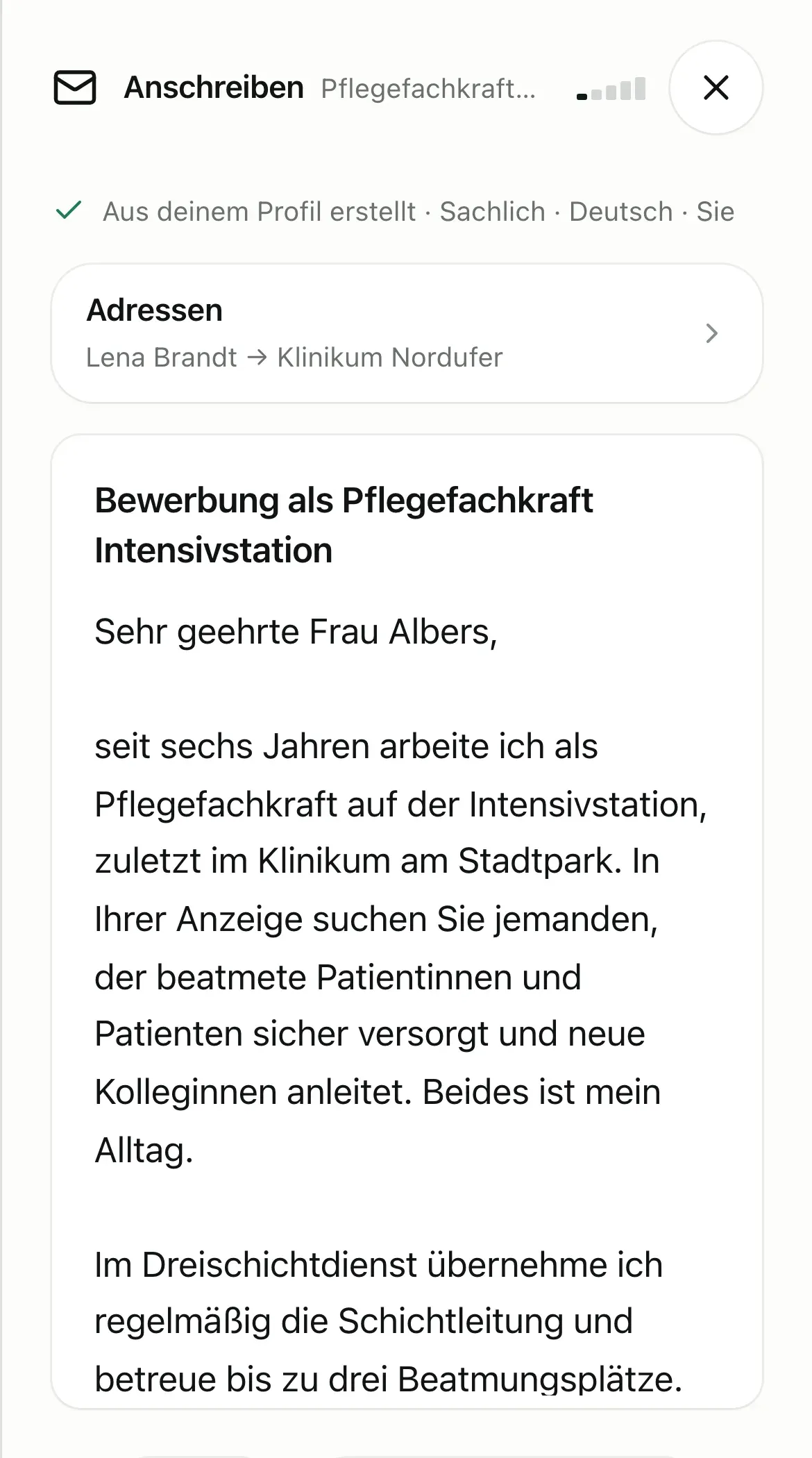 Anschreiben als Pflegefachkraft zum Jobangebot.