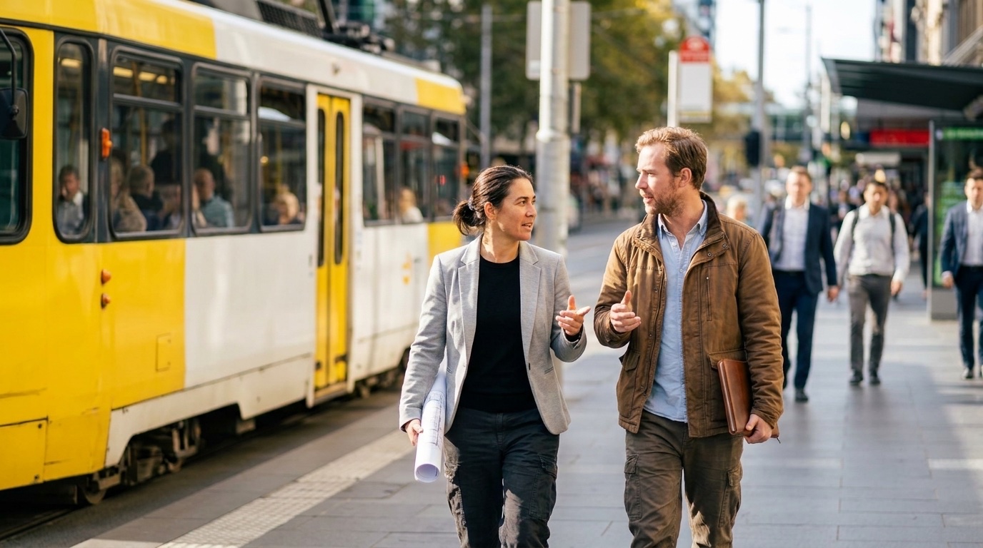 Zwei Architekten gehen die Stadtstraße entlang und reden.