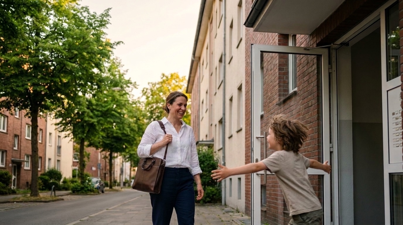 Ein Kind läuft der Mutter nach der Arbeit an der Wohnungstür entgegen.