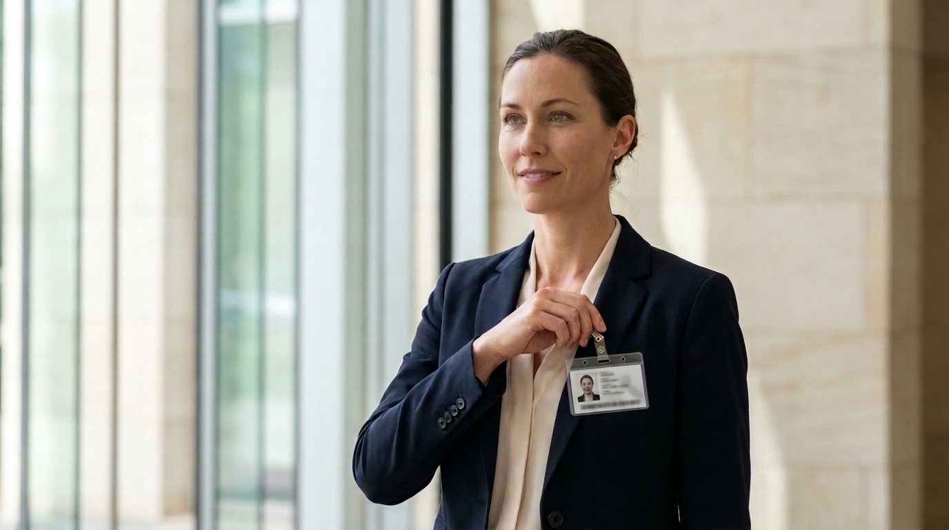Eine Frau steckt sich im Foyer den Ausweis an.