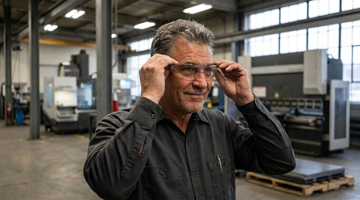 Ein Mann setzt in der Metallhalle die Schutzbrille auf.